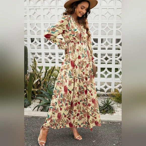 Retro Mix Floral Long Sleeve Ruffle Tiered Flowing V-neck Long Maxi Dress - Picture 7 of 10